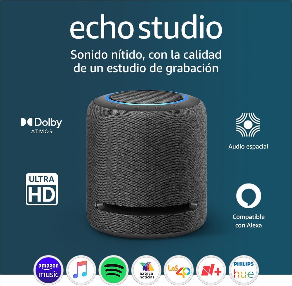 Amazon Echo Studio (modelo más reciente): nuestra bocina Alexa con mejor sonido, ideal para salas y otros espacios grandes (negro)