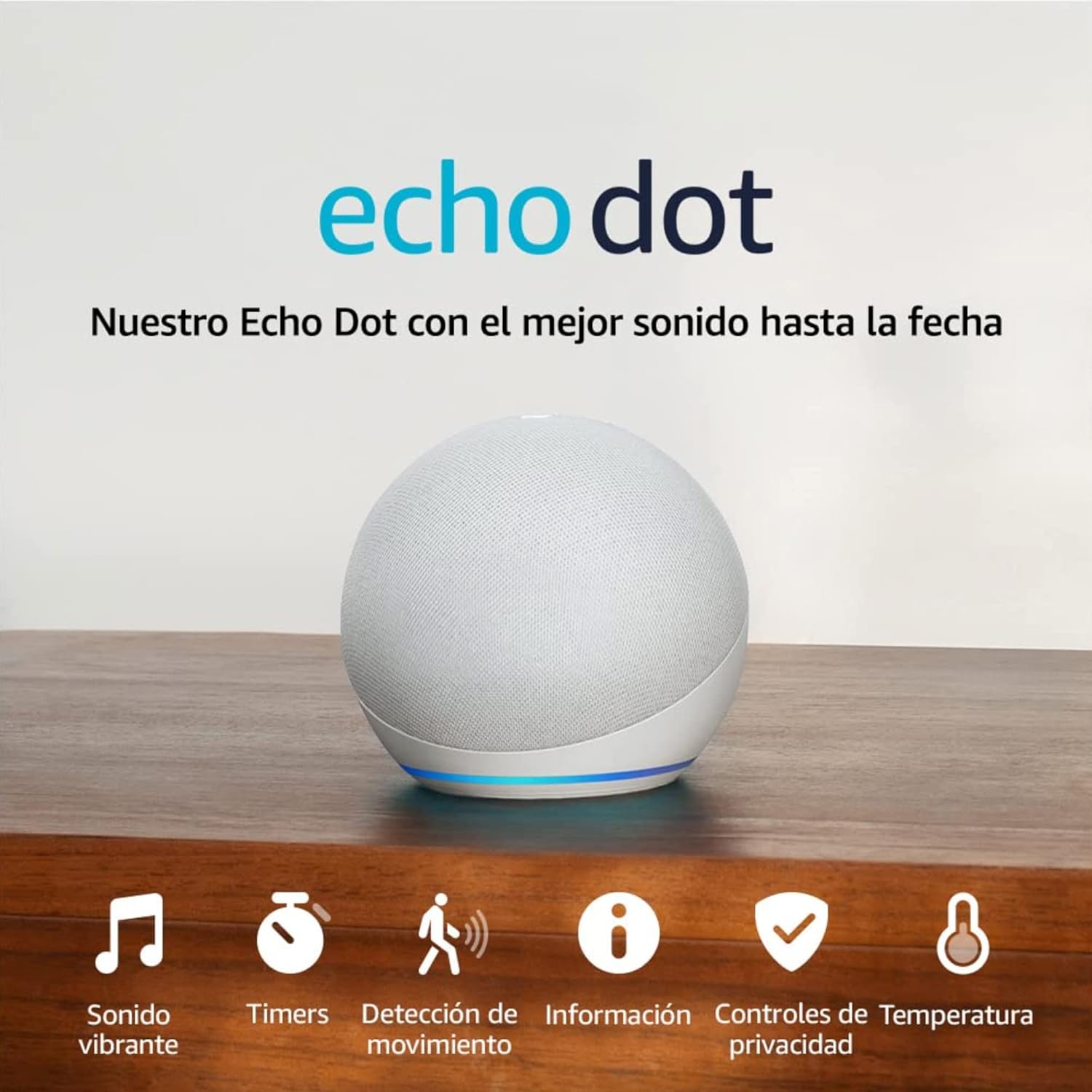 Amazon Echo Dot (modelo más reciente): bocina Alexa con sonido vibrante, ideal para recámaras, comedores y oficinas (blanco)