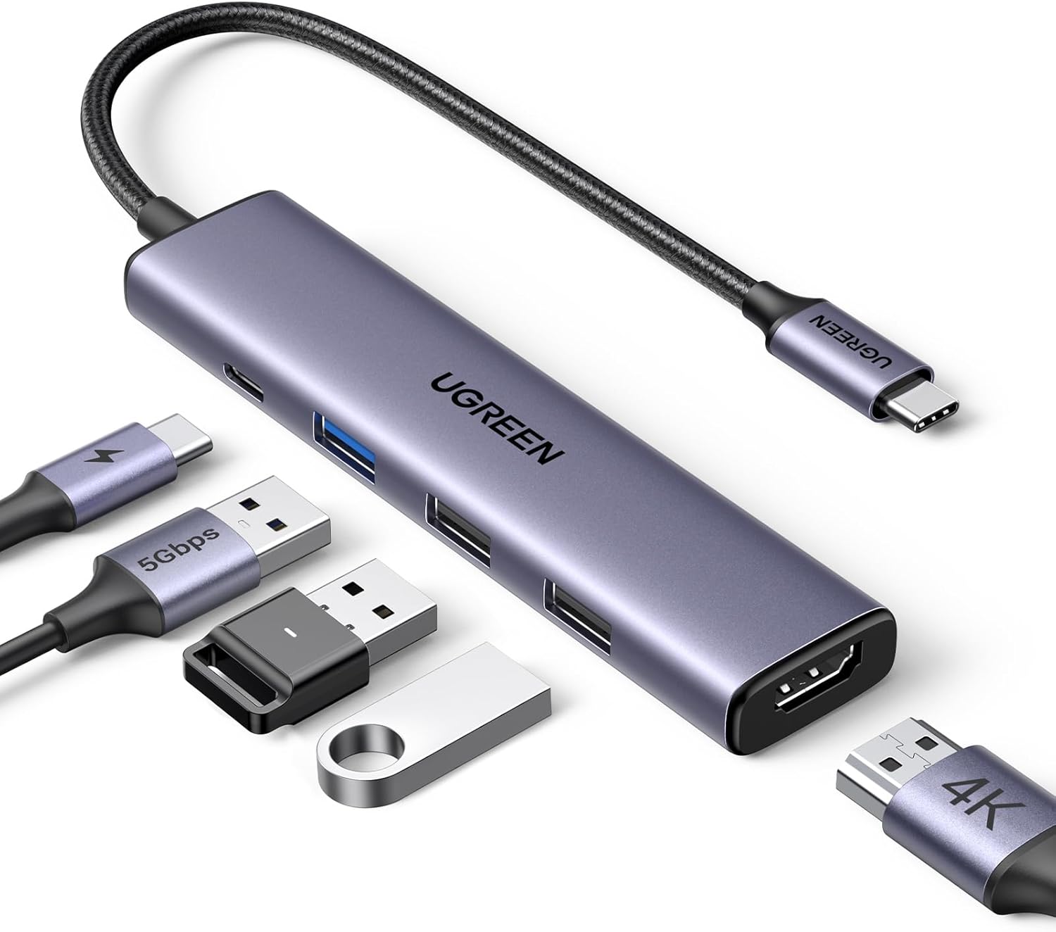 UGREEN USB C Hub, 5 en 1 Adaptador USB C Multipuerto Aluminio a 4K 30Hz HDMI, 1 USB 3.0 y 2 USB 2.0, PD Carga Compatible con MacBook M1 M2 Pro Air iPad iPhone 16 Galaxy S24 Chromebook DELL XPS y Más