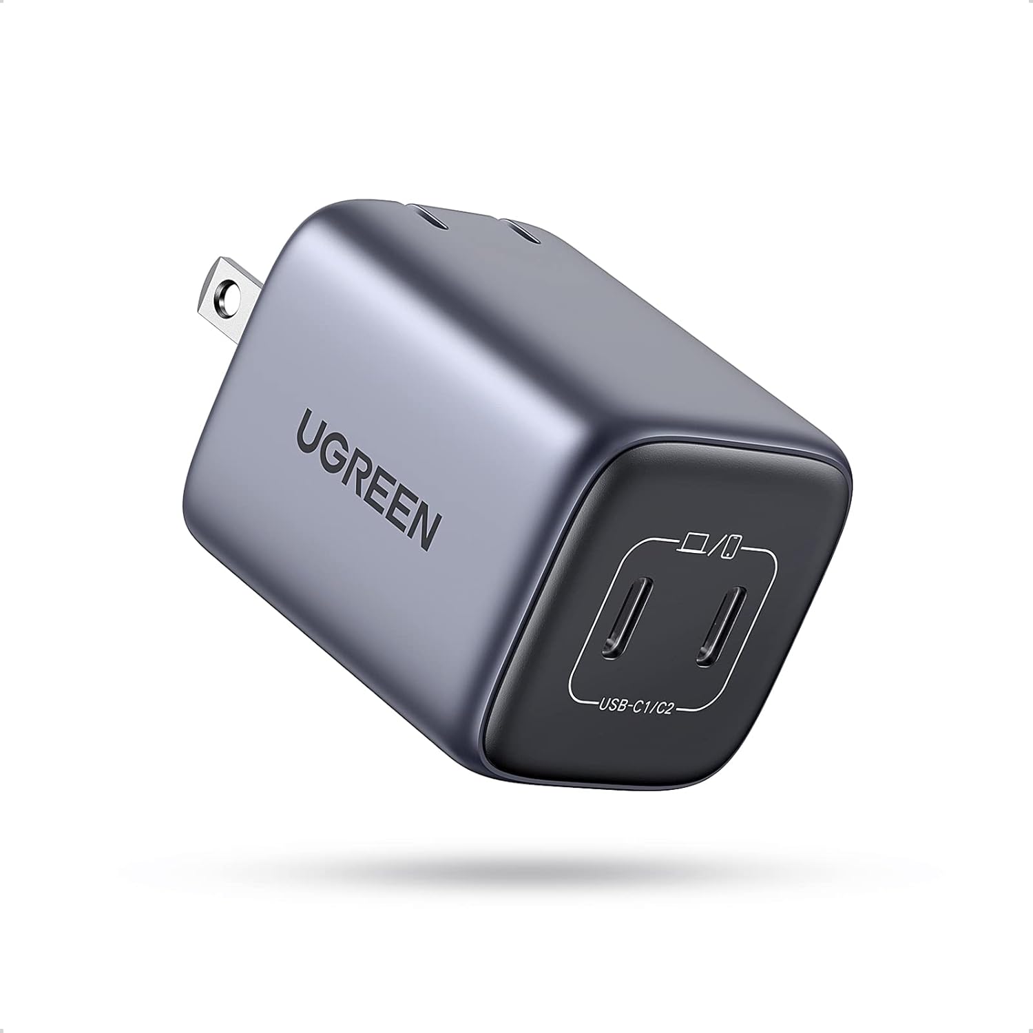 UGREEN Nexode 45W Cargador USB C GAN Portátil, PD Tipo C 25W+20W con 2 Puertos, Carga Rápido para Galaxy S25 S24 S23 S22 Ultra, Compatible con iPhone 16 15 14 Pro, Pixel 9 8, Huawei